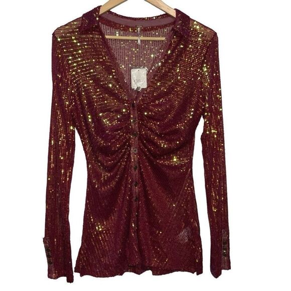 NWT Free People Sequin Shirtee Top Dark Rhubarb red size XS - Picture 2 of 8